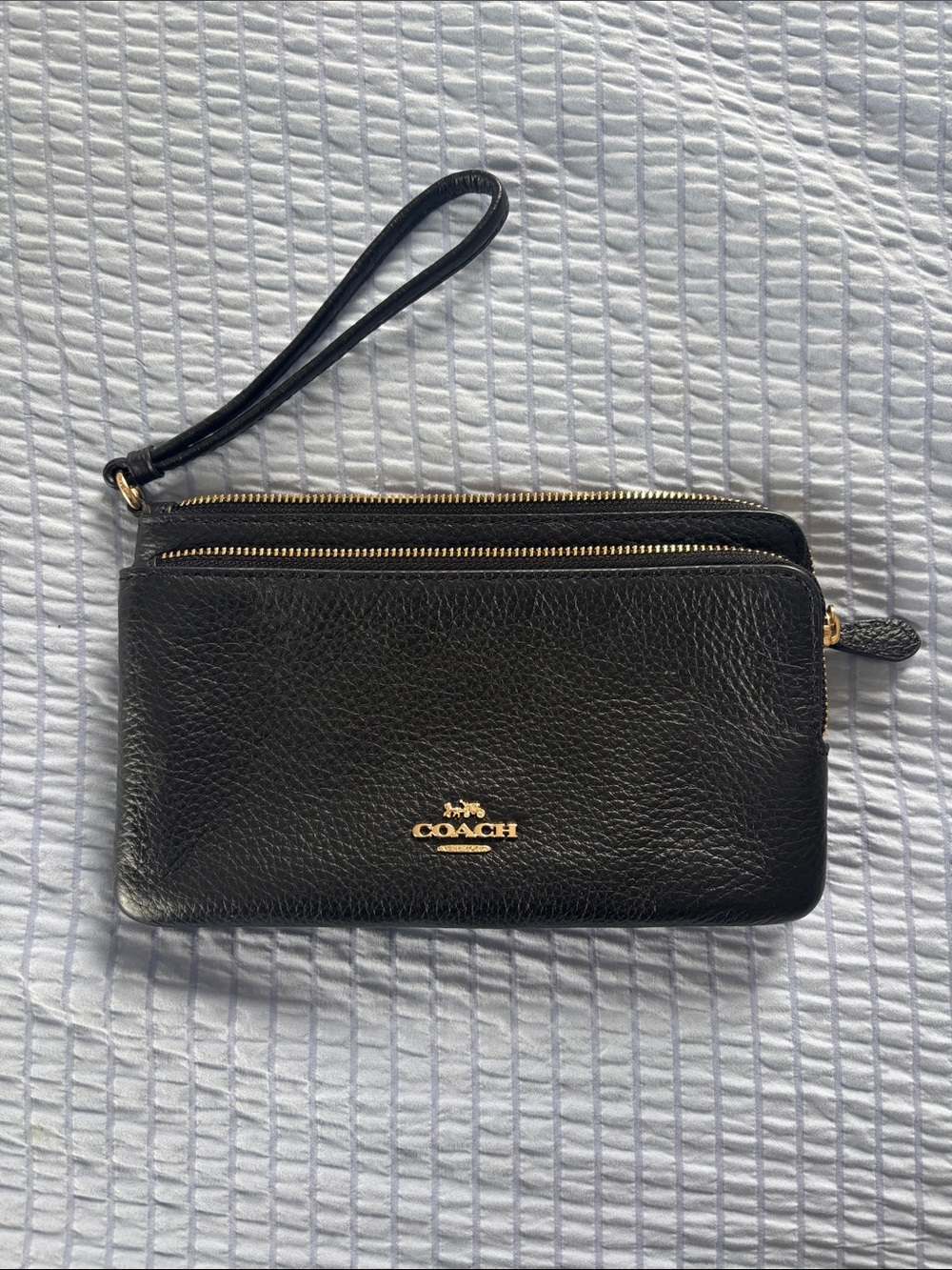 Coach Black Leather Double-Zip Wristlet with Gold Logo